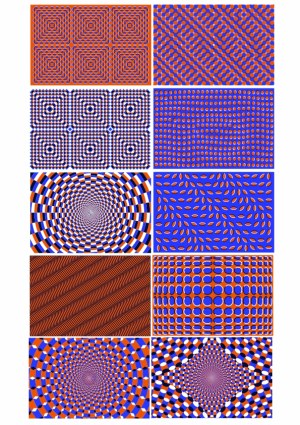 Abstract Geometric Optical Illusion Patterns in Blue and Orange Free Vector