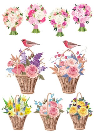 Floral Bouquets and Wicker Baskets with Birds Vector Set Free Vector