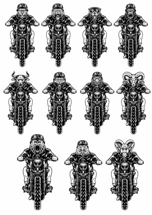 Black and White Animal Bikers Vector Collection Free Vector