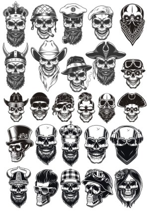Collection of 25 Unique Skull Illustrations with Various Hats and Accessories Free Vector