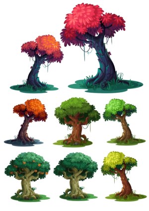 Set of Colorful Fantasy Trees in Various Styles and Seasons Free Vector