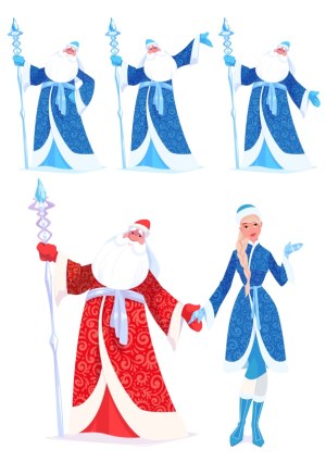 Santa Claus and Snow Maiden Vector Characters with Magical Staffs Free Vector