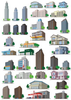 Vector Collection of Urban Buildings Including Skyscrapers, Clinics, Stores, Houses, and Gas Station Free Vector