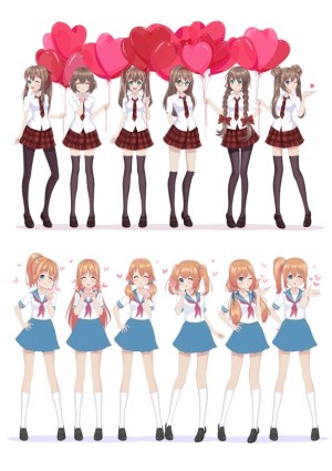 Anime School Girls with Heart Balloons and Cute Poses Free Vector