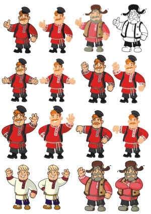 Cartoon Characters in Traditional Eastern European Clothing Various Poses and Expressions Free Vector