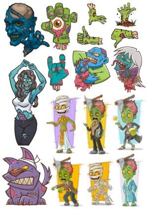 Colorful Cartoon Zombie Characters and Creepy Hands Vector Set Free Vector