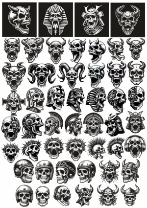 Collection of Detailed Black and White Skull Illustrations with Various Helmets and Styles Free Vector