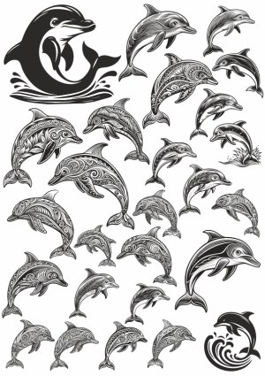 Decorative Black and White Dolphin Vector Collection Free Vector