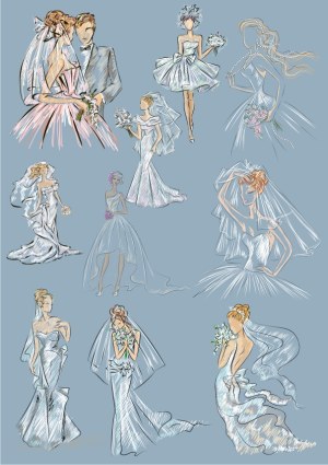 Fashion Sketches of Brides in Wedding Dresses and Bouquets Free Vector
