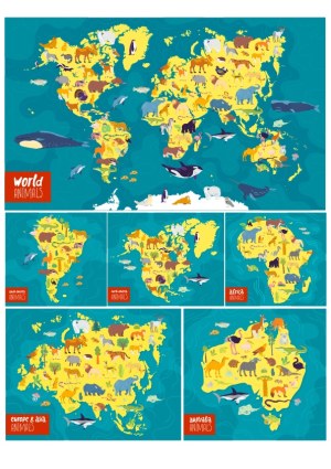 World Map with Animals by Continent Vector Illustration Free Vector