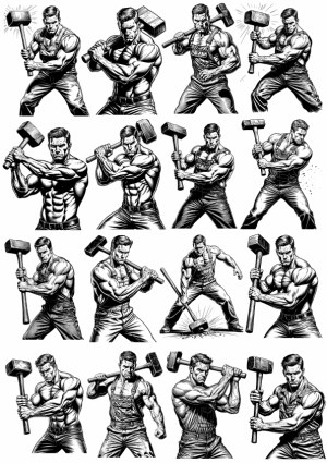 Muscular Man in Overalls with Sledgehammer Vector Illustrations Free Vector