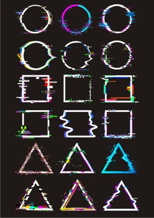 Glitch Effect Digital Frames Set in Circle, Square, and Triangle Shapes Free Vector