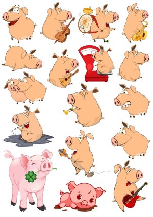 Set of Cartoon Pig Characters with Musical Instruments and Various Poses Free Vector