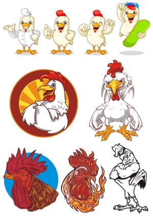 Cartoon and Realistic Rooster and Chicken Character Vector Illustrations Free Vector
