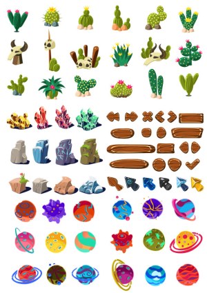 Vector Collection of Cacti, Crystals, Terrain, Wooden Signs, and Planets Free Vector