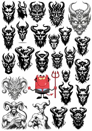 Set of Horned Demon and Devil Vector Illustrations Free Vector