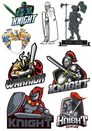 Set of Knight and Warrior Vector Illustrations with Heraldic Shield Free Vector