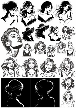 Black and White Vector Illustrations of Women with Various Hairstyles and Expressions Free Vector