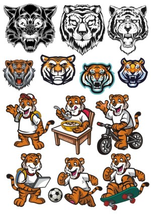 Tiger Head Logos and Cartoon Tiger Mascots in Various Activities Free Vector