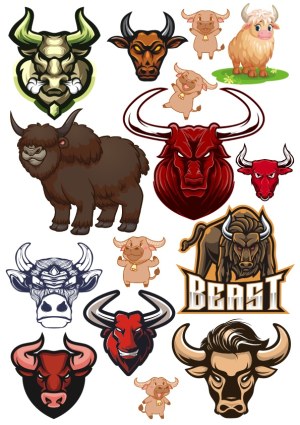 Collection of Bull and Yak Cartoon and Mascot Vector Illustrations Free Vector