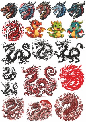 Collection of Colorful and Black Dragon Vector Illustrations Free Vector