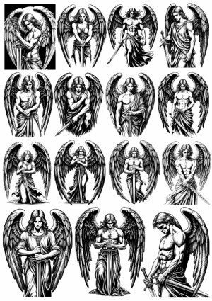 Detailed Black and White Angel Warriors with Swords Vector Set Free Vector