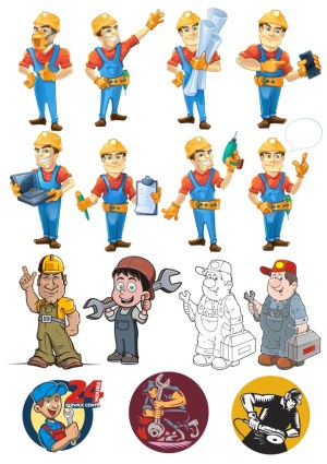 Cartoon Construction and Repair Workers with Tools and Equipment Free Vector