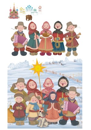 Traditional Russian Winter Celebration with Folk Characters and Iconic Landmarks Free Vector