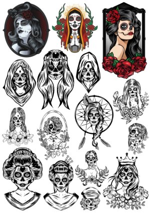 Collection of Day of the Dead Sugar Skull Female Portraits Free Vector