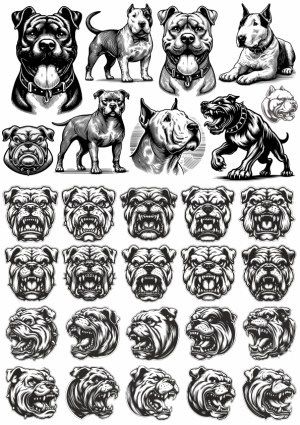 Detailed Black and White Vector Illustrations of Bull Terrier and Bulldog Dogs Free Vector