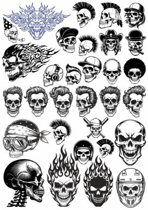 Collection of Detailed Skull Vector Illustrations with Various Styles and Accessories Free Vector