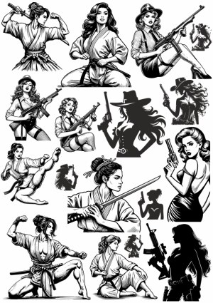 Black and white vector illustrations of women fighters and gunfighters Free Vector