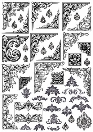 Black and White Ornate Victorian Corner and Floral Vector Elements Free Vector