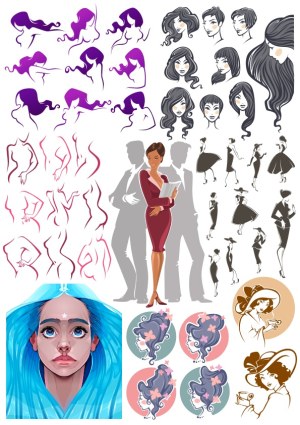 Collection of Stylized Female Silhouettes, Hairstyles, and Portraits Free Vector