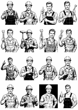 Set of Male Construction Workers in Various Poses with Tools Free Vector