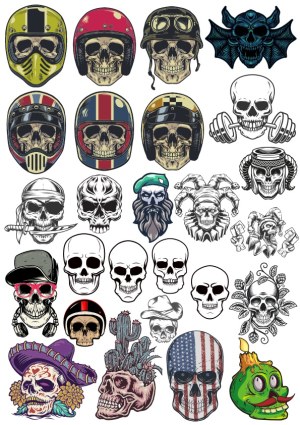 Collection of Detailed Skull Illustrations with Helmets, Hats, and Themed Designs Free Vector