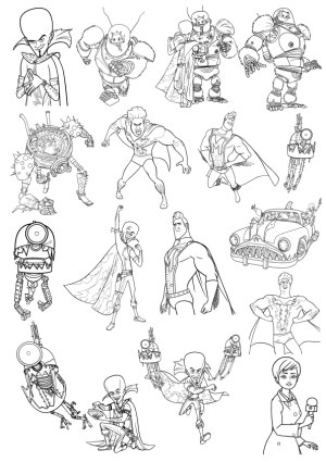 Outline Cartoon Superheroes and Robots Collection Free Vector