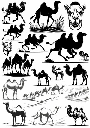 Black and White Camel Silhouette and Line Art Vector Set Free Vector