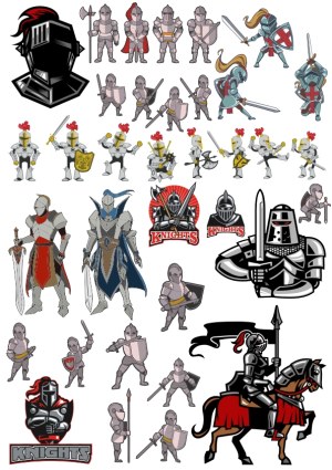 Collection of Knight Characters and Logos in Armor with Weapons Free Vector