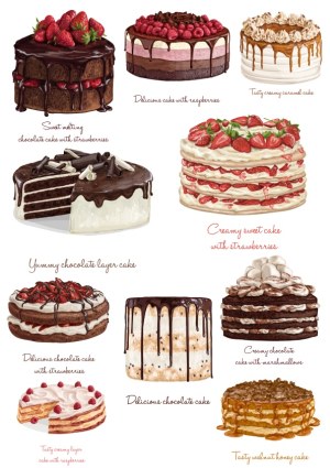 Collection of Various Delicious Cakes with Fruits and Chocolate Free Vector