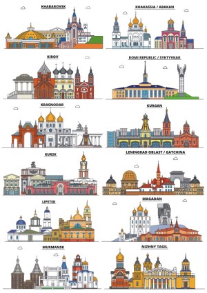 Detailed Vector Illustrations of Russian City Skylines and Landmarks Free Vector