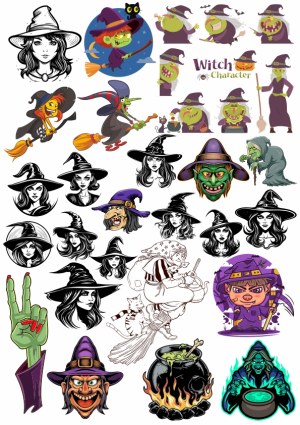 Collection of Various Witch Characters and Halloween Witch Elements Free Vector