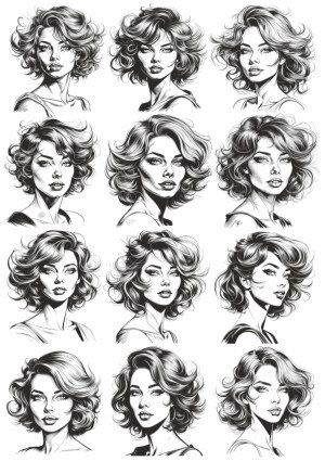 Set of Twelve Hand-Drawn Portraits of Stylish Women with Short Wavy Hair Free Vector