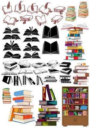 Vector Collection of Open and Stacked Books with Bookshelves Free Vector