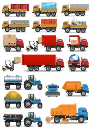 Vector Collection of Cargo Trucks, Forklifts, Tractors, and Utility Vehicles Free Vector