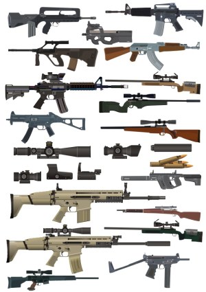 Collection of Military Firearms and Rifle Scopes Vector Illustrations Free Vector