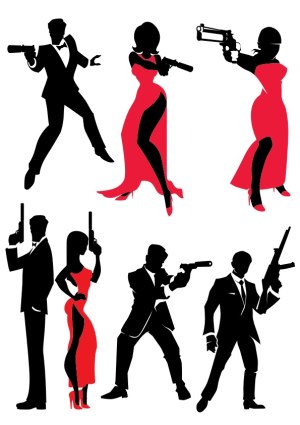 Silhouettes of Men and Women in Formal Attire Holding Guns Free Vector
