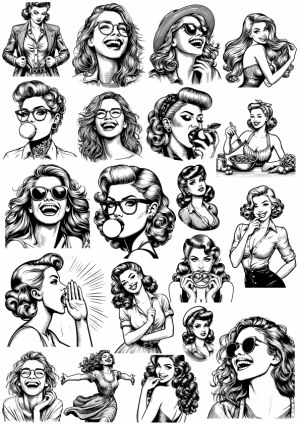 Retro Style Black and White Female Portraits and Expressions Vector Set Free Vector