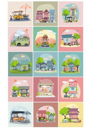 Collection of Colorful Vector Illustrations of Vehicles and Buildings Free Vector