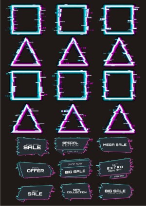 Glitch Effect Neon Geometric Frames and Sale Banners Free Vector